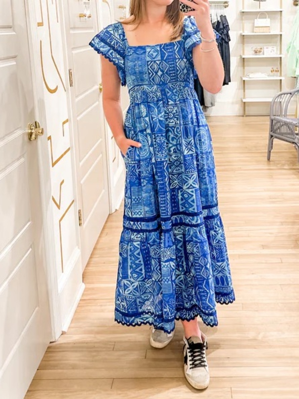 Olivia James Brooke Dress Native Dusk Blue Coastal Luxury Ruffle.         Sk6